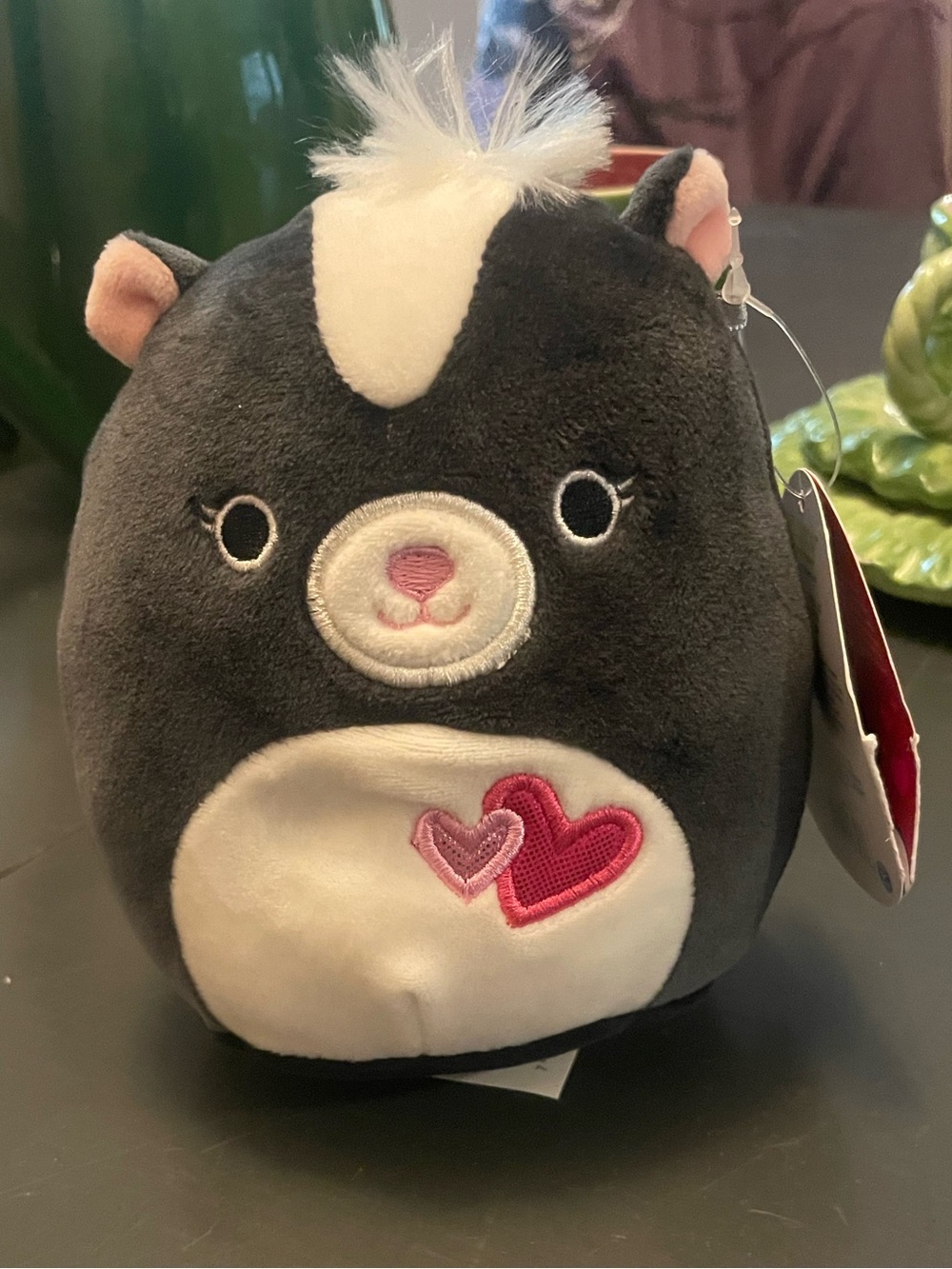 Selma squishmallow skunk small black and white with hearts furry hair plush